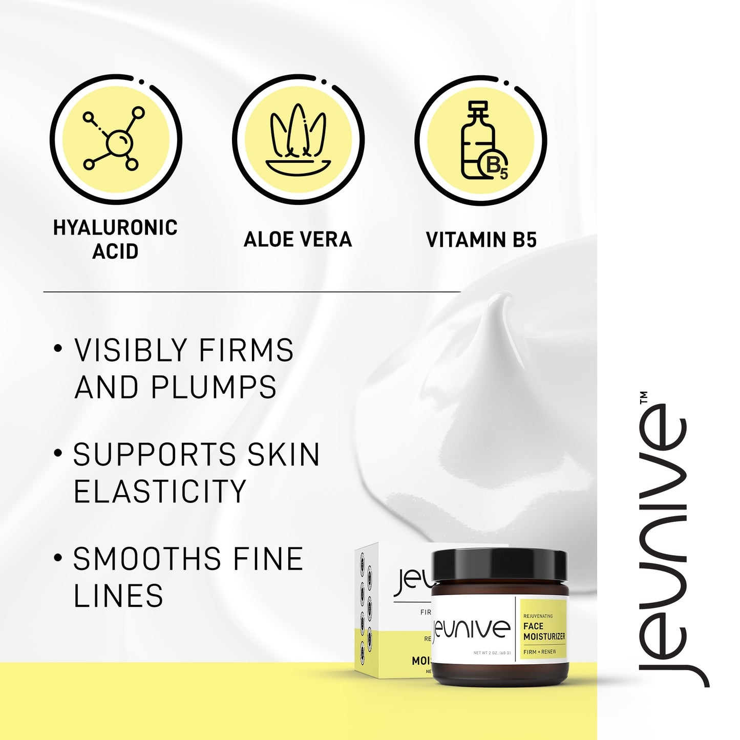 Jeunive Rejuvenating Face Moisturizer Hyarulonic Acid Aloe Vera Vitamin B5 Firms Plumps Elasticity Smooths Fine Lines