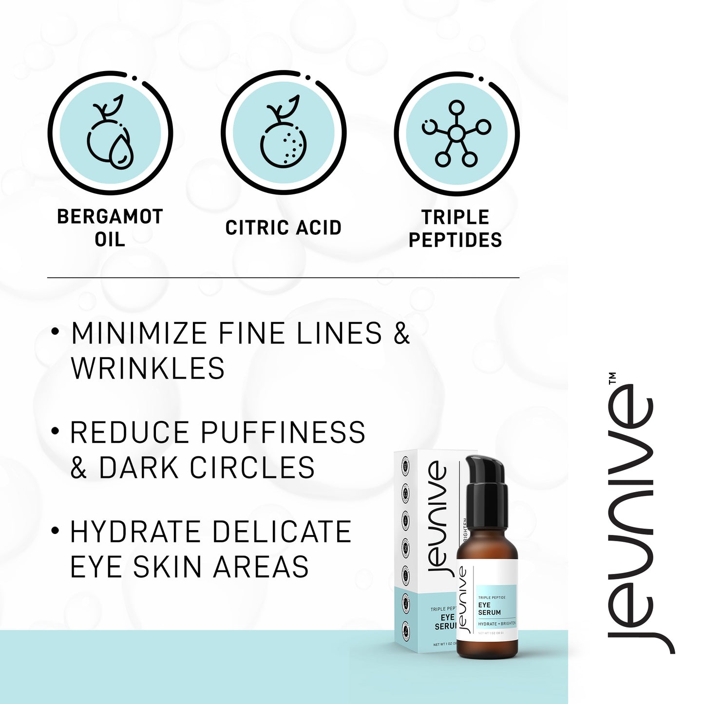 Jeunive Triple Peptide Eye Serum, Bergamot Oil, Citric Acid, Triple Peptides, Minimize fine lines and wrinkles, puffiness, and dark circles.