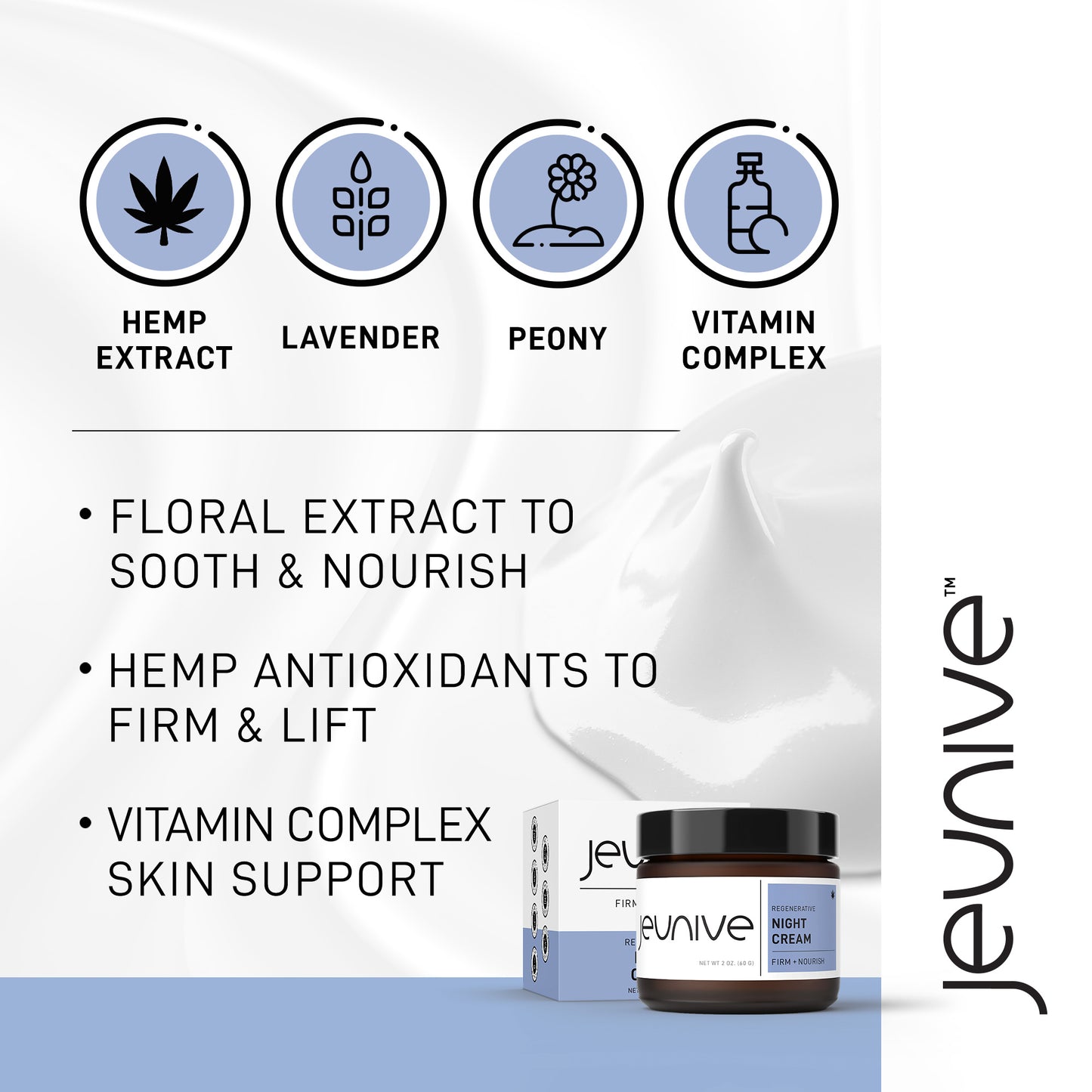 Jeunive Regeneartive Night Cream, Lavender, Peony, Vitamin Complex, Sooth and Nourish, Firm, Lift and Sooth your Skin.