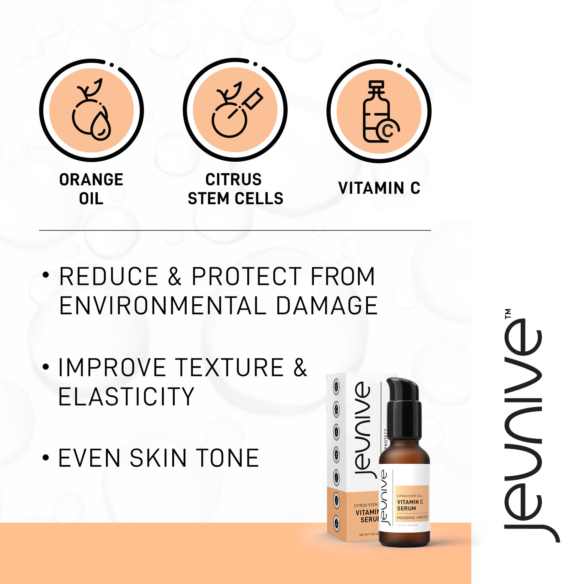 Jeunive Vitamin C Serum, Orange Oil, Citrus Stem Cells, Vitamin C to Reduce/Protect from Envrionmental Damage, Improve Texture and Elasticity, Even Skin Tone.